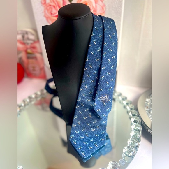 HERMES H pattern navy blue 100% Silk Logo Men's tie - Picture 1 of 9